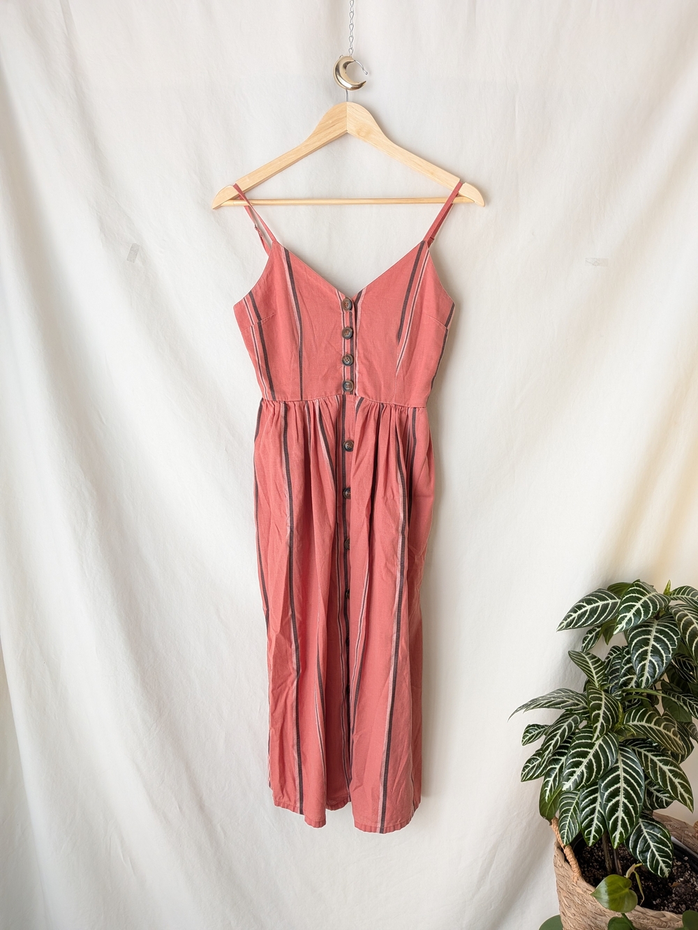 Japna Dusty Rose Striped Button-Front Midi Dress